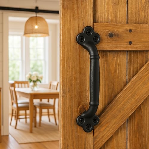 Image of 9 Inch Clover Barn Door Handle - Black Cast Iron Pull for Sliding Doors, Gates, Sheds, Fences, Closets - Indoor Outdoor Farmhouse Hardware