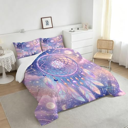 Image of Purple Dream Catcher Comforter Set, Boho Galaxy Star Moon Print Bedding Set Twin Size for Kids Boys Girls Teens, Soft Microfiber Room Decor 1 Comforter 1 Pillowcase