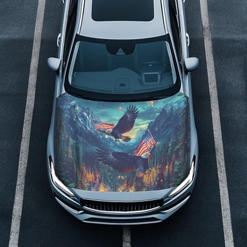 Image of Car Hood Cover Eagle and American Flag Print Stretch Car Hood Protector Washable Automotive Accessories Universal Suitable Most Automotive Pickup Sedans Trucks SUVs