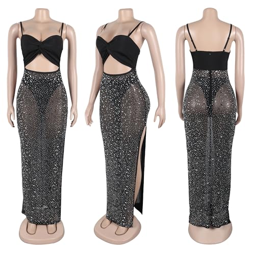 Image of Jigfar Women Sexy Elegant Rhinestone Mesh See Through Party Club Night Split Bodycon Formal Maxi Dress