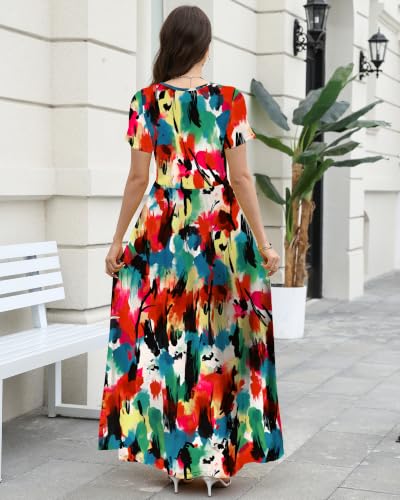 Image of COSSEN Women's Crew Neck Short Sleeve Maxi Dress with Pockets Casual Loose Swing for Wedding Guest Beach Vacation
