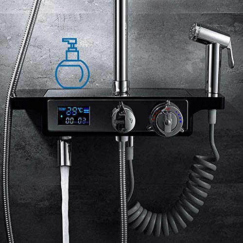 Conjunto de ducha para baño negro Booster Thermostat control de temperatura pantalla LED 4 funciones sistema de ducha de mano rociador cuadrado superior barra con grifo bidé cabezales de ducha fijos miniatura 5