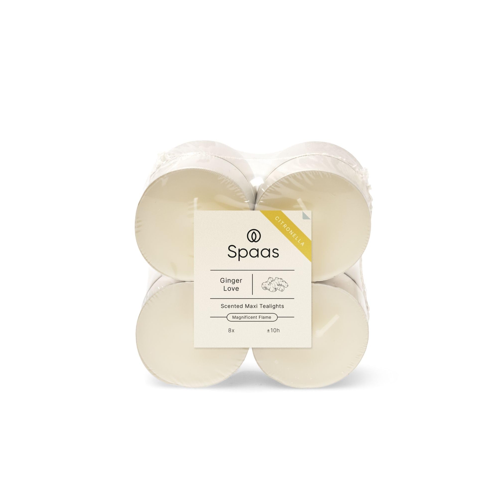 Spaas 8 x 8 Citronella Maxi Tealights, ± 10 Hours, Dirty White, Ginger Love
