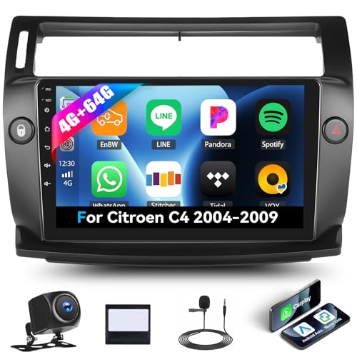 4G+64G GOHHDL Carplay Radio de Coche para Citroen C4 2004-2009 con Carplay Inalámbrico Android Auto, Radio Táctil de 9 Pulgadas 2Din con GPS Navi WiFi Bluetooth FM/RDS SWC Cámara&Mic