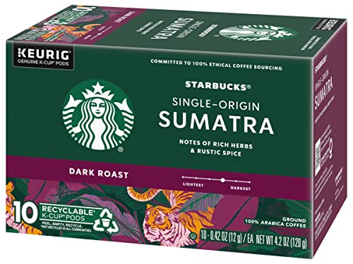 Image of Starbucks Coffee Company Starbucks Single-Origin Coffee K-Cup Pods, Sumatra, Dark Roast Ground Coffee K-Cups for Keurig Brewing System, 100percent Arabica Coffee, 10 CT K-Cups /Box (Pack of 2 Boxes)