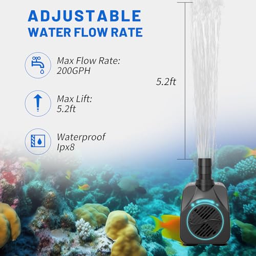 Image of Knifel Submersible Water Pump, Ultra Quiet 200GPH Fountain Pump | 5.2ft High Lift Over Heating Protection, Water Pump for Fish Tank, Small Pond, Aquarium, Hydroponics