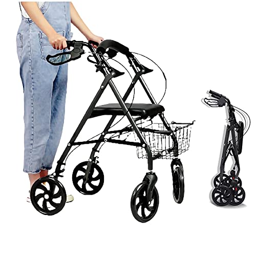SOVORM Andador con 4 ruedas para personas mayores y discapacitados, plegable y ajustable en altura, ayuda para caminar con cesta y asiento acolchado, doble comodidad