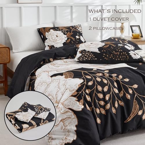 Image of MKXI Bold Floral Black Duvet Cover Queen Bedding Set Luxurious Premium Cotton Comforter Cover Vintage Gothic Style Gold and Black Boho Duvet Cover for Men and Women All Seasons