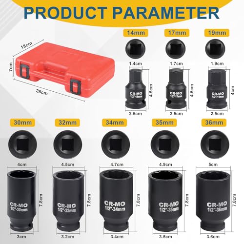 MIGUBIGU 8 Pieces 1/2'' Impact Socket Set, 30 32 34 35 36 mm, Metric Hex Sockets, 12 Point Polygonal Sockets - Image 2