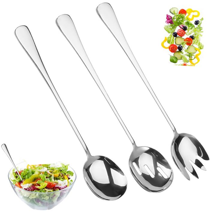 3 Stück Salatbesteck Edelstahl, Salatbesteck Set, 28cm Servierlöffel Edelstahl Groß, Salatbesteckset mit Langen Griffen, Salatgabeln, Salatgabel, Vorlegelöffel, Salatlöffel für Restaurants, Küche