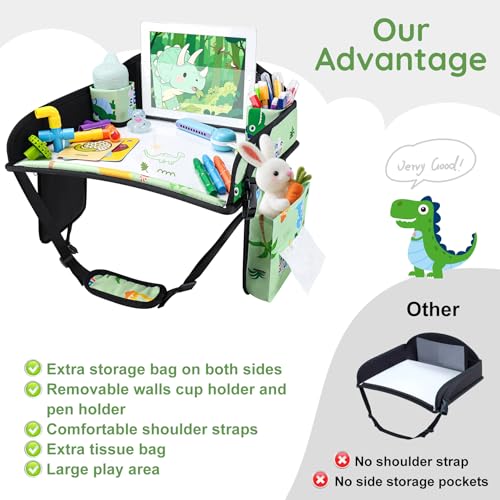 Image of Kids Travel Tray, Kids Travel Trays for Car Seat, Road Trip Essentials for Toddler, Carseat Lap Tray with Dry Erase Board & Storage Organizer for Road Trip Activities for Kid, Green