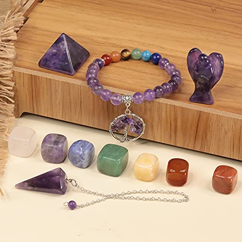 Mookaitedecor Amethyst Healing Crystals Set, 7 Chakra Bracelet, Palm Stones, Pendulum, Pocket Guardian Angel, Pyramid Meditation Kits For Reiki,Balancing #TOP1