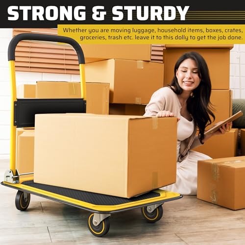 Image of Heavy Duty Foldable Push Cart Dolly | 330 lbs. Capacity | Upgraded Collapsible Hand Truck Folding Platform with Swivel Wheels | Flat Bed Moving Wagon | Space Saving Push Handle (Yellow)
