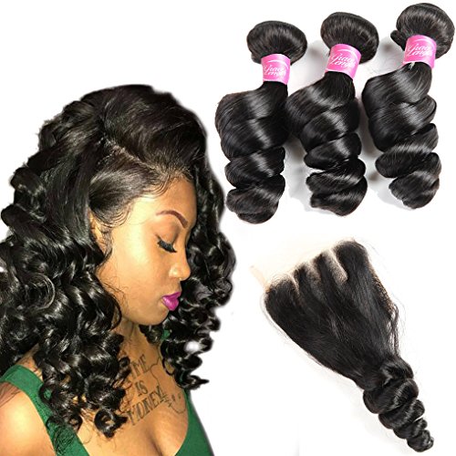 8A Brazilian Loose Wave Human Hair 3 Bundles with Closure (26 28 30+Closure 20, Three Part) Unprocessed Virgin Brazilian Hair Weave Loose Wave with 4X4 Lace Closure Remy Wet and Wavy Hair