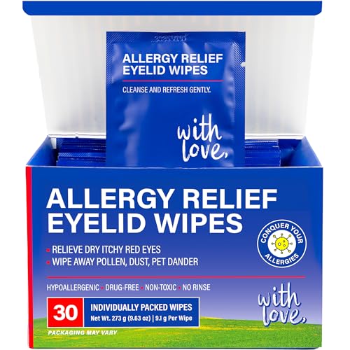 Allergy Eye Wipes for Dry Itchy Red Eyes 30 Count | Drug Free Eye Wipes for Pollen Pets & Seasonal Allergies | Hyaluronic Acid Chamomile & Aloe | Individually Wrapped Sensitive Eye Cleansing Wipe