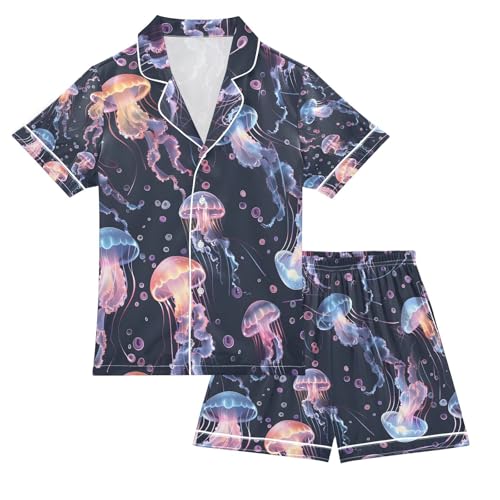 senya Jellyfish Dark Satin Summer Pajama Sets Silk Short Sleeve Button Down Sleepwear