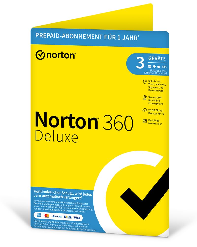 Norton 360 Deluxe 3 Geräte / 1 Jahr | Antivirus | Internet Security | Secure VPN | Passwort-Manager | Firewall | PC/Mac/Android/iOS | Aktivierungscode per Post