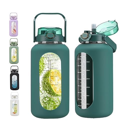 chunmo 74 oz Glass Water Bottle with Straw and Time Marker