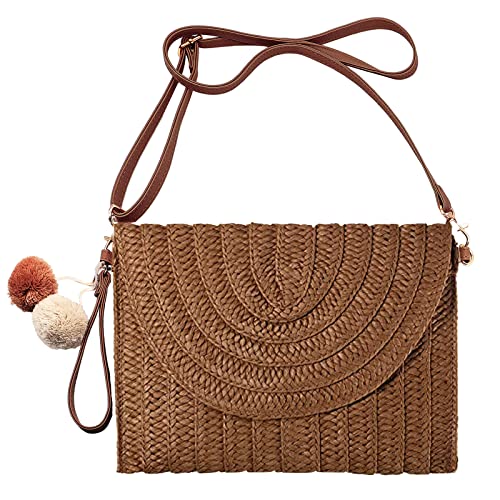 Image of Women Straw Crossbody Handbag, 10.63 x 7.87in, Detachable Strap