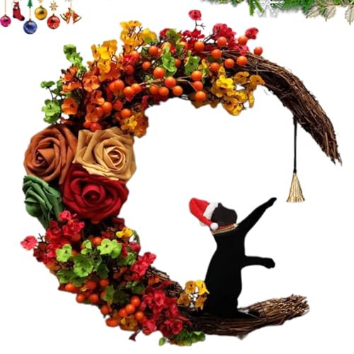 【猫/月/花】クリスマスリース 玄関ドア用 三日月リース 黒猫のムーン 店舗 玄関 壁掛け 庭園 飾り 結婚式 造花 花輪 撮影 道具 引っ越し プレゼント クリスマスホリデーガーランド ポーチ窓装飾 店舗飾り 開店祝い 新築祝い