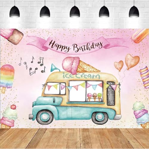 Toile de fond anniversaire glace fille en vinyle rose pour décoration de fête 2,1x1,5m