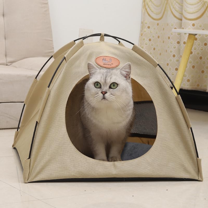 Pet Tent House with Soft Bed Pad for Indoor Outdoor Use, Foldable, Detachable, Portable, Beige/Grey/Coffee, Polyester, 48x48x38cm (Beige)