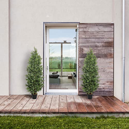 Aveyas 5ft Artificial Cedar Topiary Trees for Outdoor Front Porch Door, 5 Feet Faux Potted Plants Evergreen Fake Silk Pine Cypress Tree for Outside Home Decor (5 ft Tall) - Set of 2 Pack