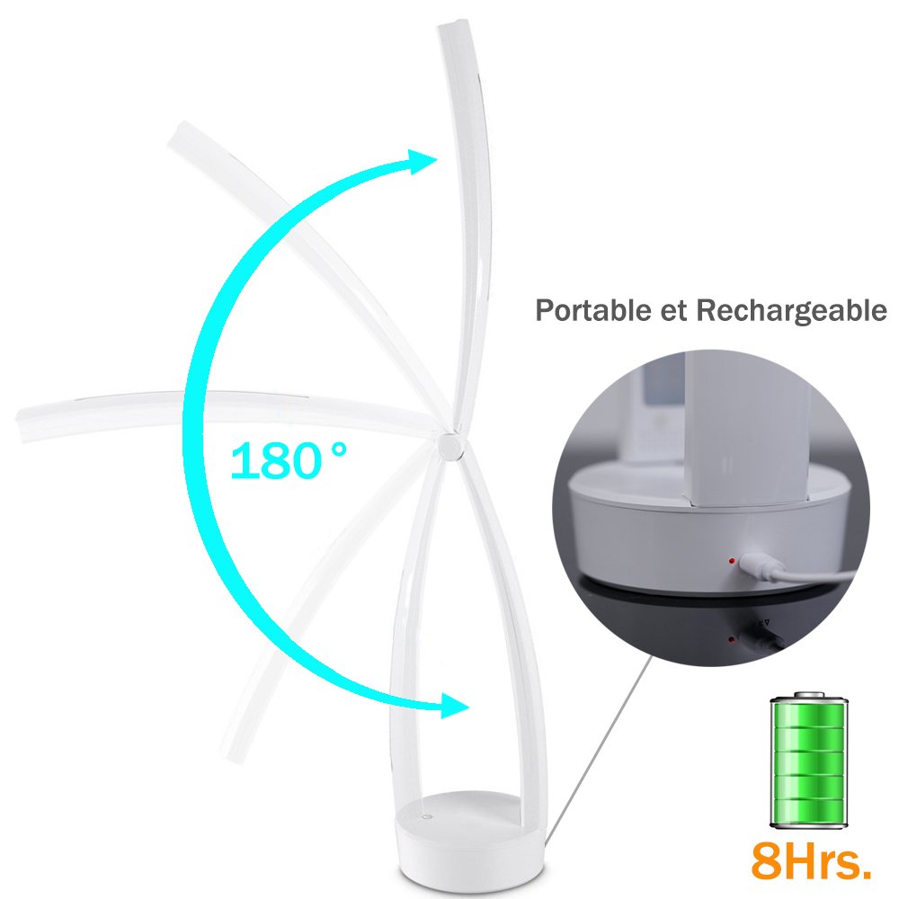 Lampe de Bureau et de Chevet à Led avec Stepless Variateur Tactile - Idéal pour Enfant Chevet - Portable et Rechargeable - Pliable à 180° - Autonomie de 8 Heures - 3 Types de Lumière