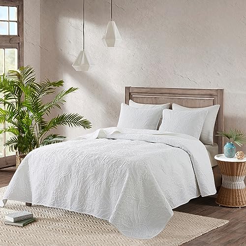 Boho White King Size Quilt Bedding Sets with Pillow Shams, Lightweight Soft Bedspread Coverlet, Quilted Blanket Thin Comforter Bed Cover, All Season, 3 Pieces, 104x90 inches