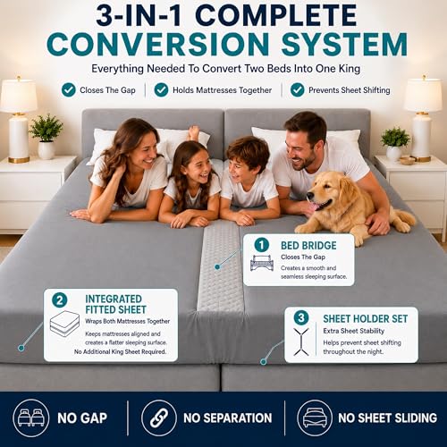 Image of 3-in-1 Split King Gap Filler with Built-in Fitted Sheet, Twin to King Converter, Bed Bridge with Washable Cover, One Size Fits to Twin & Twin XL to King, Gray, Sheet Strap Set Bonus