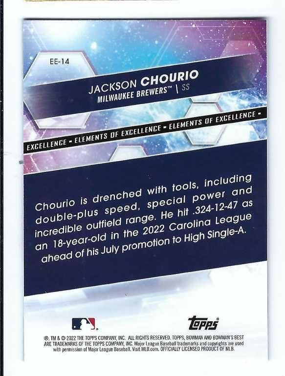 JACKSON CHOURIO 2022 Bowman's Best Elements of Excellence #EE-14 Baseball Rookie Card RC Milwaukee Brewers