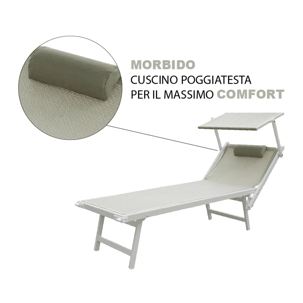 Profesjonalny leżak plażowy z aluminium L-śródziemnomorskiego, składany dach przeciwsłoneczny, pokrycie tekstylne, idealny na plażę, basen i do ogrodu (szary/biały)
