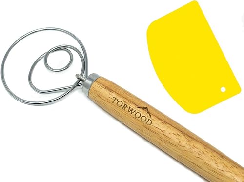 Torwood Batidora de masa danesa para pan, grande de 13.5 pulgadas, gancho holandés de madera de acero inoxidable para hornear, panes, pasteles y