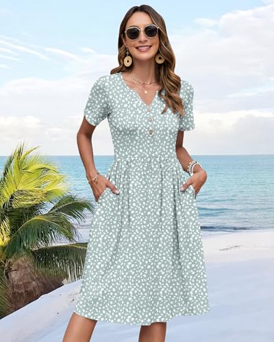 Image of WNEEDU Women V Neck Button Down Empire Waist Midi Summer Dress with Pockets