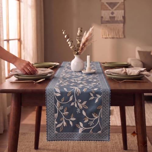 Image of Premium Embroidered Dining Table Runner 6 Seater | Washable Heat Resistant Fabric | Cotton-Silk Blend | Fits 4 & 8 Seater Dining Table | Centre Table Decor | 13 x 72 Inch | Steel-Blue