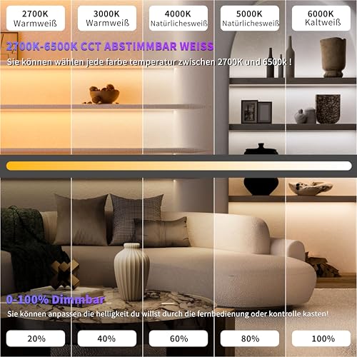 OULARA COB LED Streifen 8M Dimmbar Warmweiß Kaltweiß 2700K-6500K,576LEDs/m 24V LED Strip Lights CRI90+ für Schlafzimmer Küche Zuhause DIY Beleuchtung(No Netzteil und Dimmer)