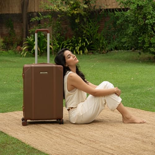 Image of Assembly Vintage 24 Inch (65 cm) Check-in Medium Trolley Bag Hard Shell Polycarbonate Suitcase Retro Classic Design with TSA Lock 8 Spinner Wheels Brown
