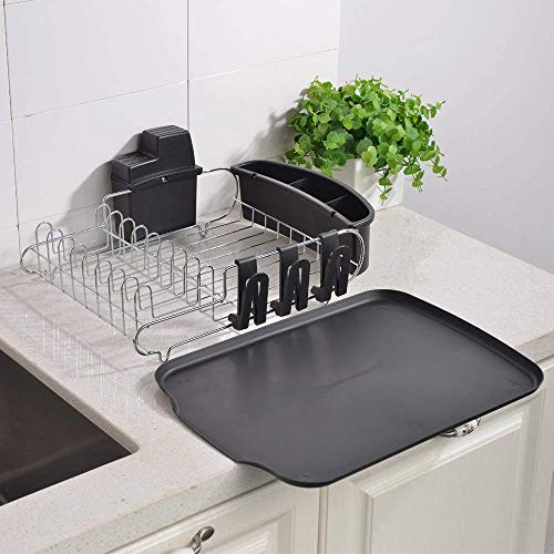 Loclgpm Rust-Proof Kitchen Draining Dish Drying Rack, Dish Rack with Black Drain Board, 3 Independent Cup Holder Accessories, 1 Wide Tableware Rack and Knife Holder Accessory
