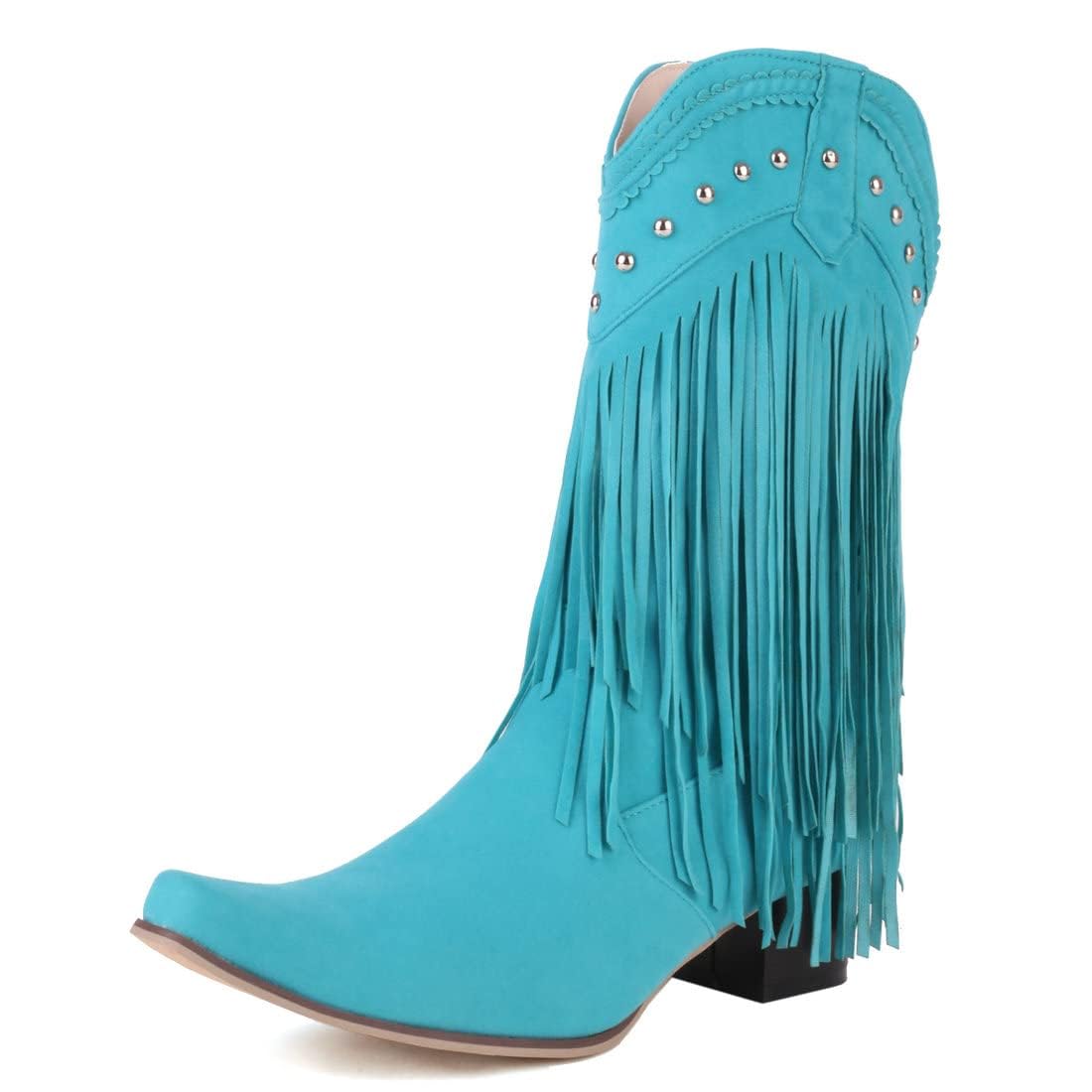 KiutSymo Mid Calf Fringe Boots For Women Cowboy Pointed Toe Chunky Heels Cowgirl Western Tassel Boots