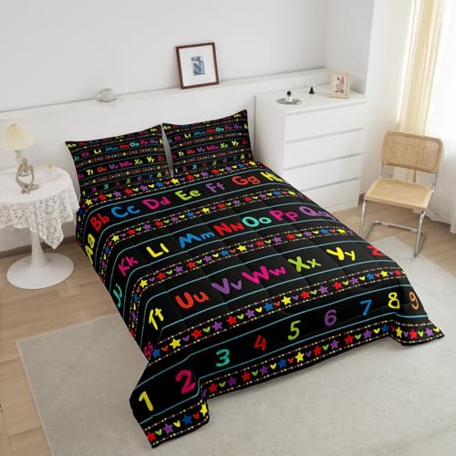 Image of Feelyou ABC Alphabet Comforter Set King, Alphabet Numbers Bedding Set for Kids Educational Learning Comforter Learning Time Duvet Set with 2 Pillow Case