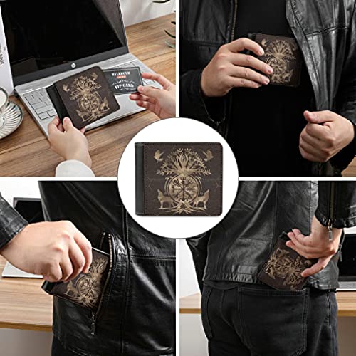 Mens Wallet Billfold Card Holder Viking Wolf Bird Compass Tree Bifold Wallet Purse PU Leather Minimalist Wallet3