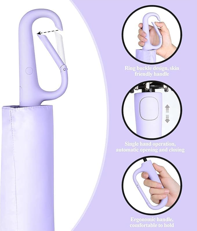 Image of TEKCOOL UV Umbrella with Novelty Carabiner Handle, Travel Umbrellas for Rain and Sun Windproof Compact, Automatic Open Close, 8 Ribs, Portable Umbrella for Men and Women(Purple)'';
