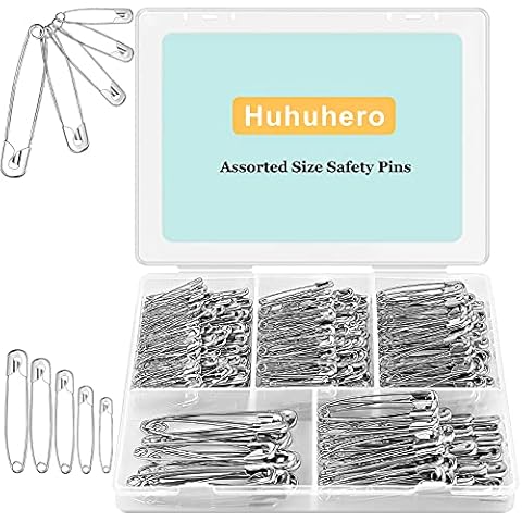Huhuhero 340 Pack Safety Pins Assorted, 5 Different Sizes Small and Large Safety Pins, Safety Pins for Clothes Costume Sewing, Nickel Plated Steel Pin Bulk, Arts and Crafts Supplies (Silver) Cover