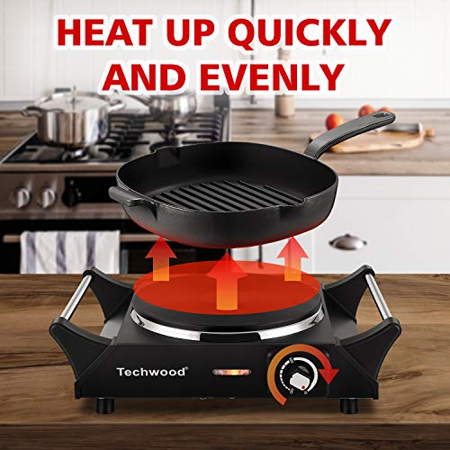 Techwood Hot Plate Portable Electric Stove 1500W Countertop Single Burner with Adjustable Temperature & Stay Cool Handles, 7.5” Cooktop for Dorm Office/Home/Camp, Compatible for All Cookwares - Image 6