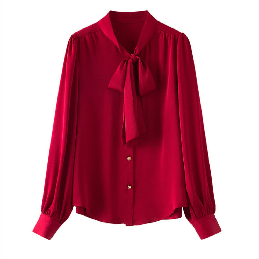 Shirt Langarm Damen,Damen Langarmshirts Rot Einfarbig Stehkragen Fliege Knopf Klassische Blusen Frühling Herbst Lässige Strickjacke Mantel Arbeitsoberteile Stilvolle Lose Hemden