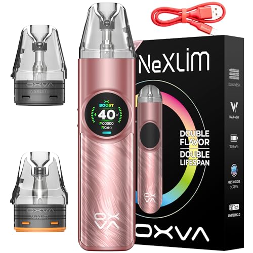 Oxva NeXLIM Vape Kit (Rose Gold) Compatible With Oxva Nexlim Pods 0.6 0.8 1.2 ohms OXVA Vape Pod Kit Refillable Vaping Kit - Dual Mesh Pod - 1500mAh Battery 40W Dual Mesh No Nicotine