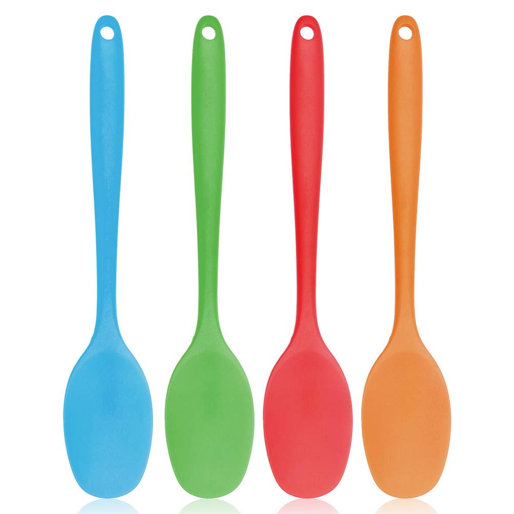 BRJR4 pcs Silicone Spoons, 11inches Long Handle Mixing Spoons Heat Resistant Baking Serving Spoon Silicone Cooking Tools One Piece Design Silicone Spoon for Kitchen Cooking Stirring (27.7cm Long)