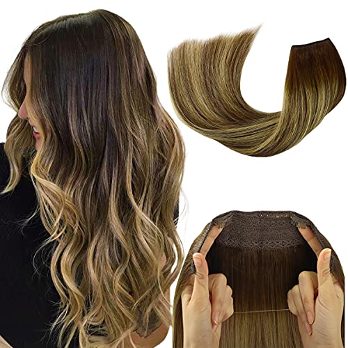 SWINGINGHAIR Halo Hair Extensions Real Human Hair, One Piece Hair Extensions with Invisible Transparent Wire Adjustable Size Removable Secure Clips, Ombre Chocolate Brown to Honey Blonde 18 Inch 95g