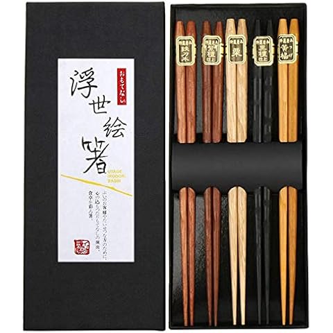 Rpanle Japanische EssstäBchen 5 Pairs EssstäBchen Holz Wiederverwendbare Natürliche Japanische Holzstäbchen Waschbar Chopsticks Essstäbchenauflage aus Holz Cover