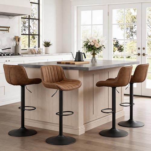 Fat Ant Set de 4 Butacos de Bar, Asiento Ajustable de Cuero PU, Giratorio, Altura para Barra, Sillas Modernas sin Brazos para Isla de Cocina, Amarillo Marrón miniatura 6